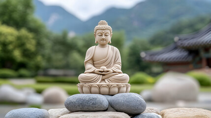 Serene Buddha statue meditates amidst tranquil garden