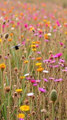 Obraz premium A colorful field of dried flowers with scattered thorny stems, greenery, , meadow