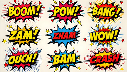 A vector illustration with a comic theme featuring classic comic book phrases