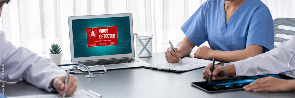 Poster virus warning alert on computer screen detected brisk cyber threat , hacker, computer virus and malw