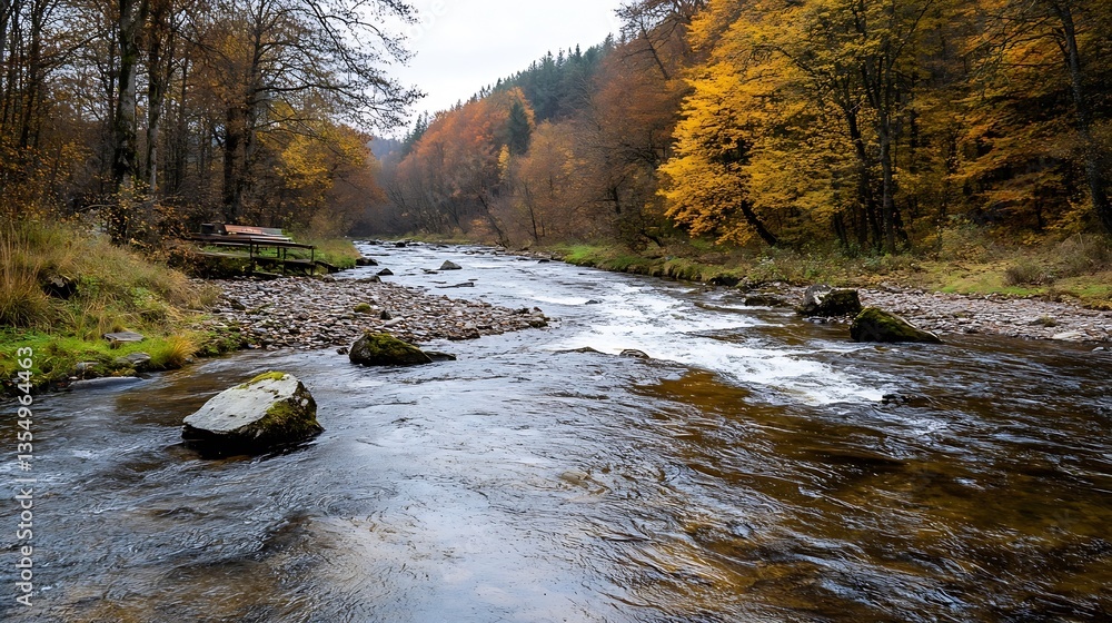 Poster serene river flowing through autumn forest with vibrant fall colors and peaceful atmosphere : genera