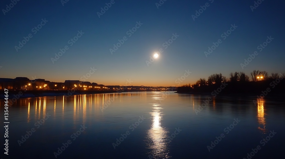 Poster tranquil river scene at dusk with full moon reflecting on water and city lights in the background : 