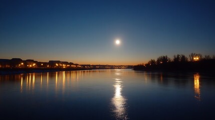Naklejka premium Tranquil river scene at dusk with full moon reflecting on water and city lights in the background : Generative AI
