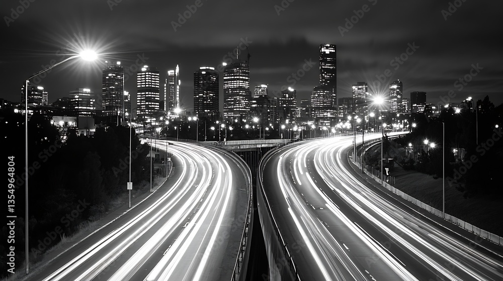 Poster Nighttime view of a bustling city skyline with light trails from traffic creating a dynamic urban scene : Generative AI