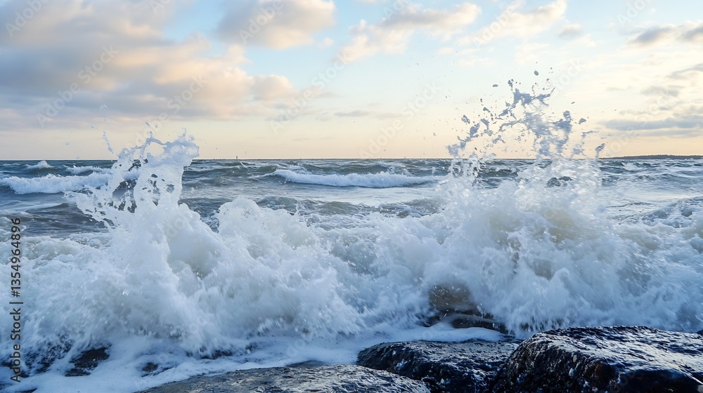 Aufkleber Dynamic ocean waves crashing against rocks creating a beautiful spray in the sunset : Generative AI