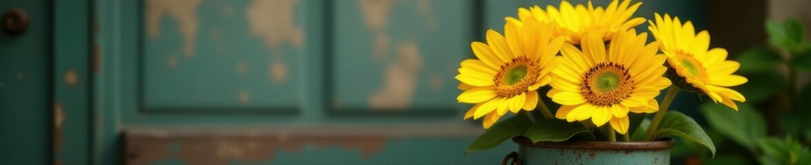 A bouquet of bright yellow sunflowers in a vintage metal planter, garden, yellow, vintage