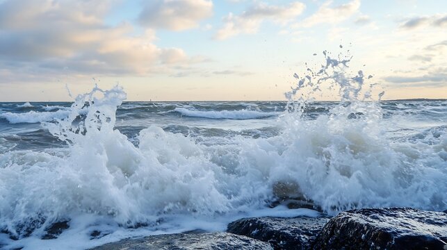Dynamic ocean waves crashing against rocks creating a beautiful spray in the sunset : Generative AI