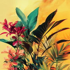 Tropical foliage and flowers in vibrant digital art, warm yellow backdrop, rich green and pink tones, modern clean design, lush textures, with a soft gradient effect.