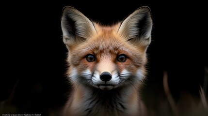 Fototapeta premium Close-up portrait of a red fox. A captivating image of a red fox's head and shoulders, set against a completely black background. 