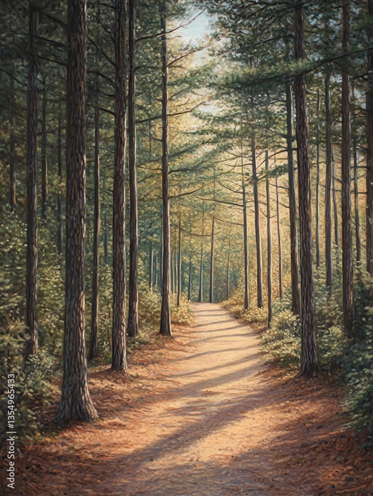 Poster sunlight streaming through tall trees along a tranquil forest path during autumn.