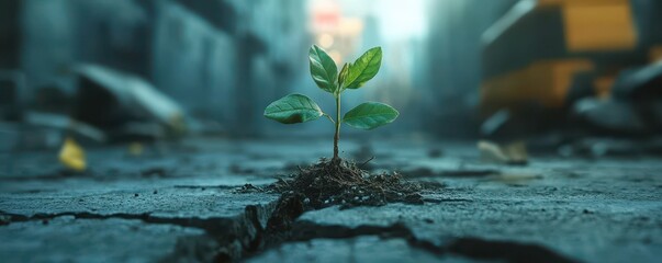 A solitary green plant breaks through cracked pavement, symbolizing resilience and hope amidst an urban environment.