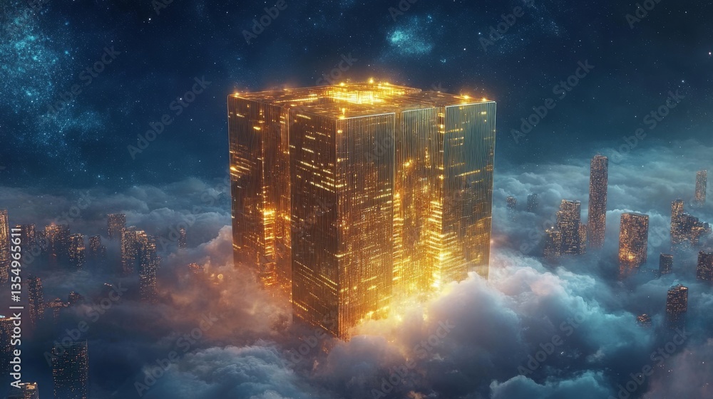 Poster a glowing golden cube structure floating above a cloud-covered futuristic city, illuminated in contr