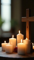 White candles surrounding a wooden cross create an atmosphere of reverence, altar, holy, calm