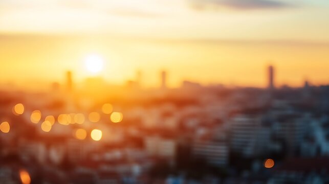A dreamy blurred sunset view over a city skyline with warm glowing lights creating an atmospheric effect : Generative AI