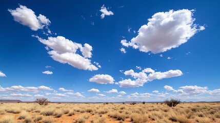 Expansive desert landscape under a brilliant blue sky scattered with soft fluffy clouds inviting exploration : Generative AI