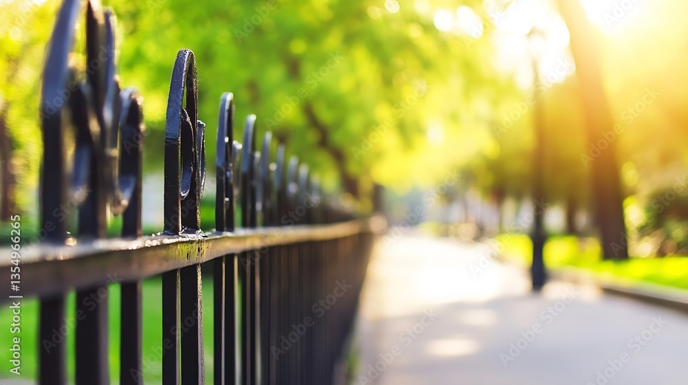 Aufkleber sunlit urban park pathway bordered by a decorative black fence and lush green trees in the backgroun