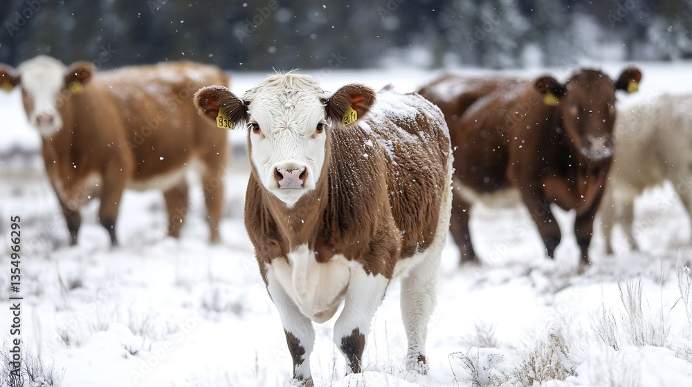Poster Close up of a curious cow standing in a snowy field surrounded by its herd : Generative AI