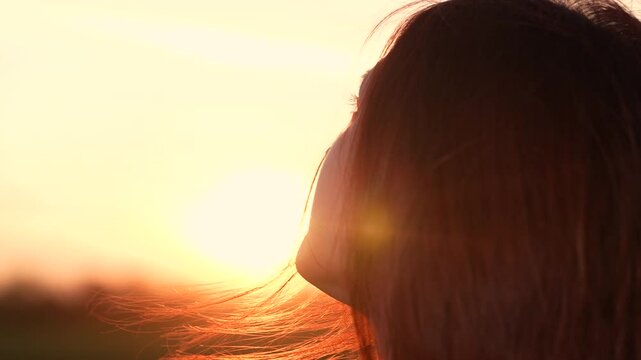 face person outdoors, woman face look up serenity silhouette, relax nature pleasure, beautiful girl with red hair wind looking sunset, evening thoughts, dreaming twilight, people happiness dream face