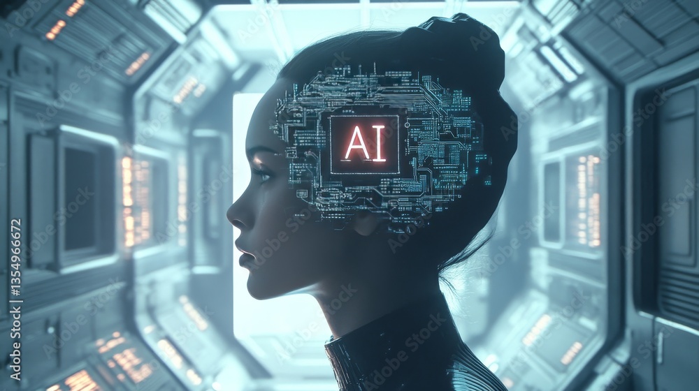 Poster a futuristic portrayal of a human profile with an ai digital overlay in a high-tech setting, represe