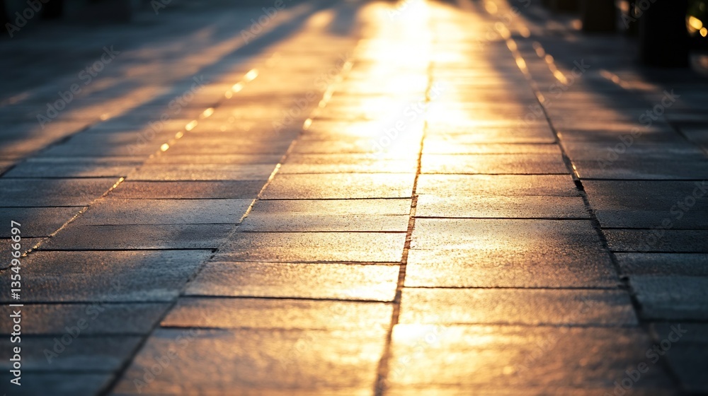 Poster golden sunlight reflecting off wet pavement in a tranquil urban setting : generative ai
