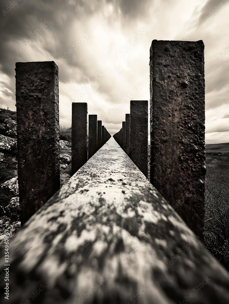 Fototapete stunning perspective view of a weathered metal railing leading into a dramatic cloudy sky creating a