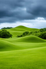 Serene rolling green hills under a dramatic, cloudy sky