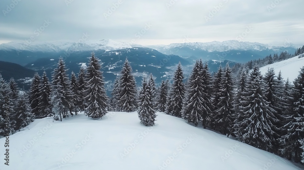 Poster serene winter landscape with snowcovered ground and evergreen trees under a cloudy sky : generative 