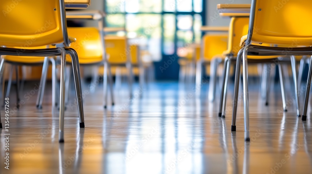 Poster inside view of a bright and vibrant classroom featuring yellow chairs and polished floors : generati