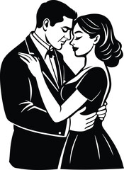 Minimalist of a Hugging Couple in Formal Attire, Black and White Design