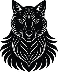 Striking Black Wolf Head Design; Sharp Tribal Lines, Dense Fur, Symmetrical Icon
