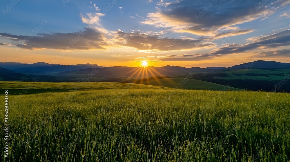 Poster beautiful sunset over rolling hills with vibrant colors and lush green fields creating a picturesque