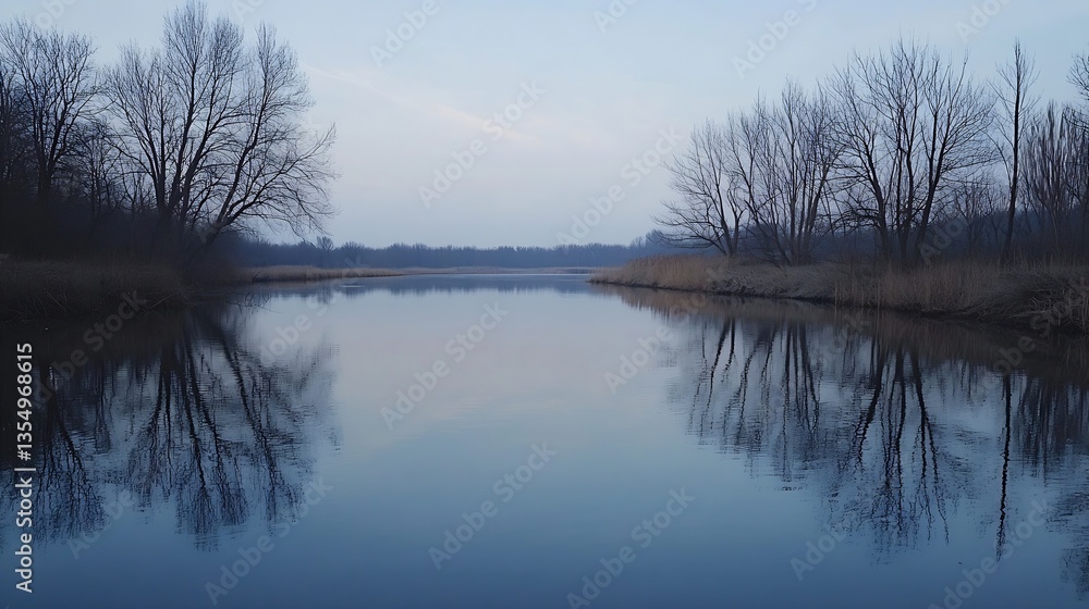 Poster serene reflection of bare trees along the bank of a calm lake at dusk : generative ai