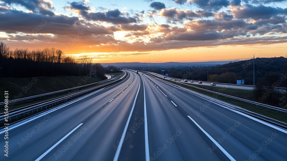 Poster Breathtaking highway view at sunset with dynamic clouds and clear sky showcasing the journey ahead : Generative AI