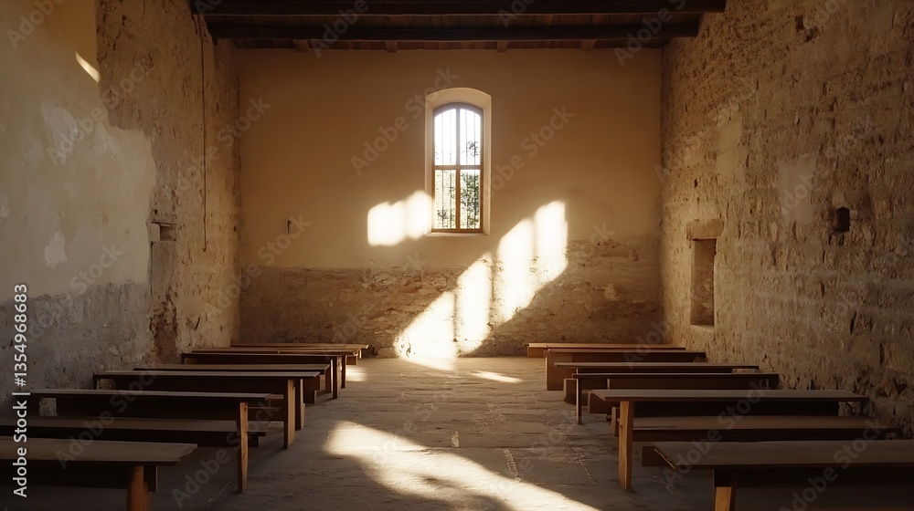 Poster Peaceful interior of an empty chapel with soft light streaming through a window creating a serene atmosphere : Generative AI