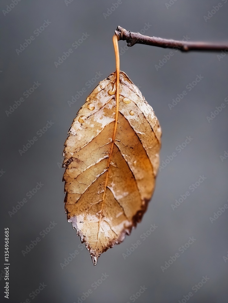 Aufkleber dried autumn leaf hanging on a branch with water droplets in soft focus background : generative ai