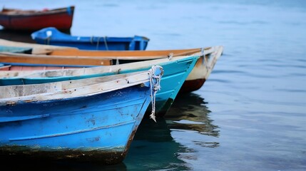 Fototapeta premium Brightly colored fishing boats docked on calm waters showcasing their rustic charm and beauty : Generative AI