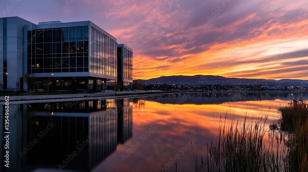 Poster Stunning sunset reflection over a calm lake with modern architecture and mountain backdrop : Generative AI