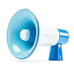 A blue and white megaphone isolated on a white background in a studio shot for communication use