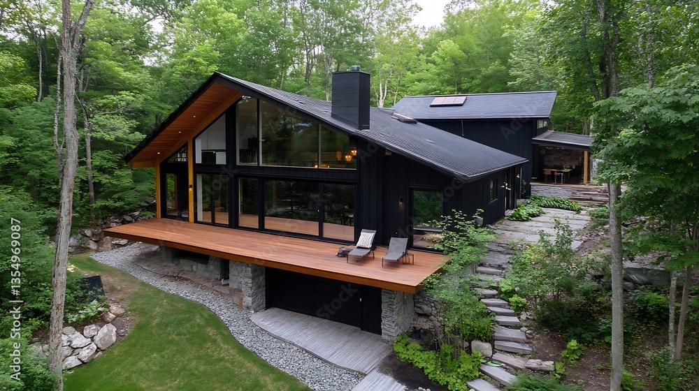 Aufkleber modern architectural design of a stylish house nestled in a lush forest surrounded by nature : gener