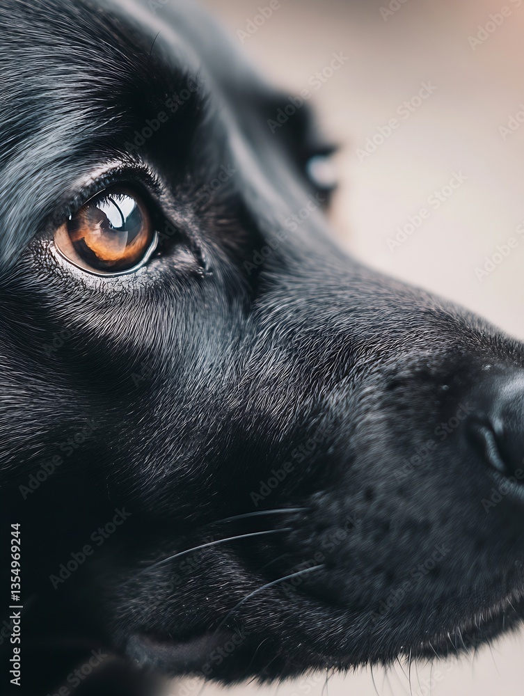 Poster closeup of a striking black dog's eye revealing deep emotions and captivating gaze in soft lighting 