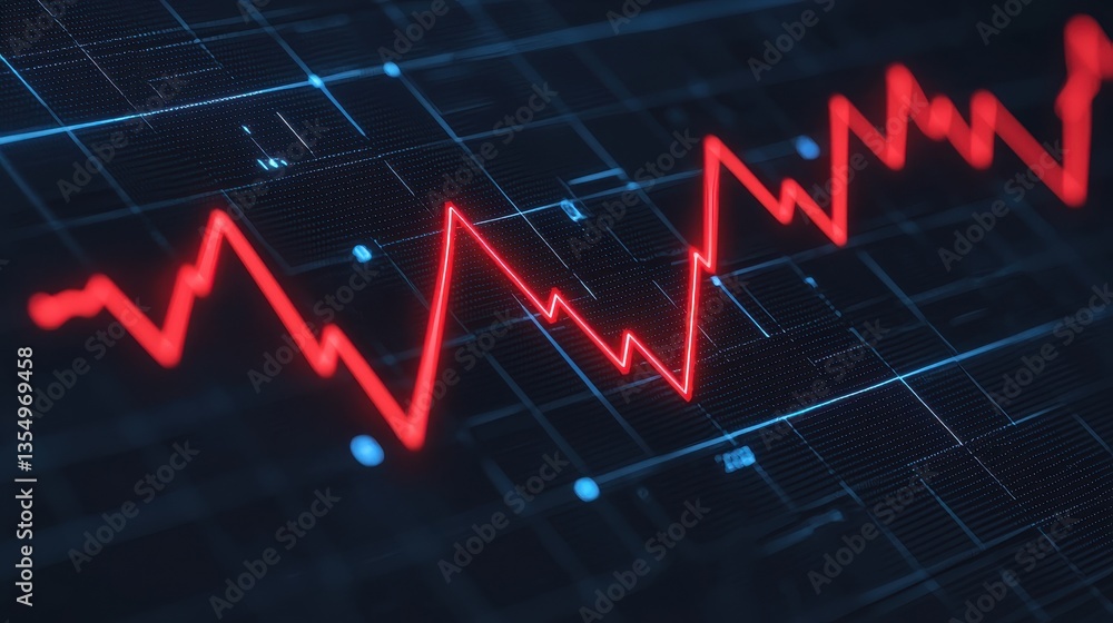 Poster a digital graph displays a fluctuating red line against a dark background, representing data trends 