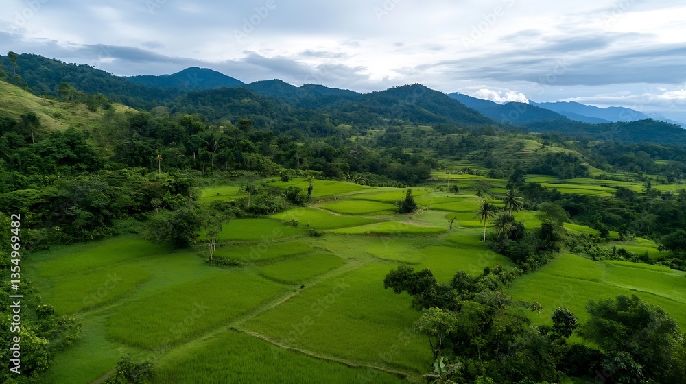 Poster aerial view of lush green rice fields surrounded by rolling hills and nature : generative ai