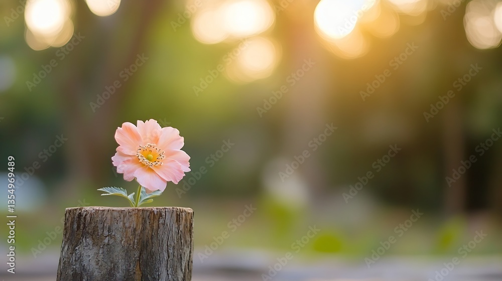 Poster beautiful pink flower blooming on a wooden stump with sunlight filtering through trees in a natural 