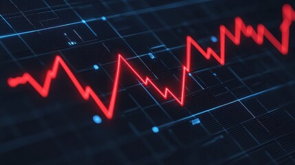 Fototapeta premium A digital graph displays a fluctuating red line against a dark background, representing data trends or market fluctuations.