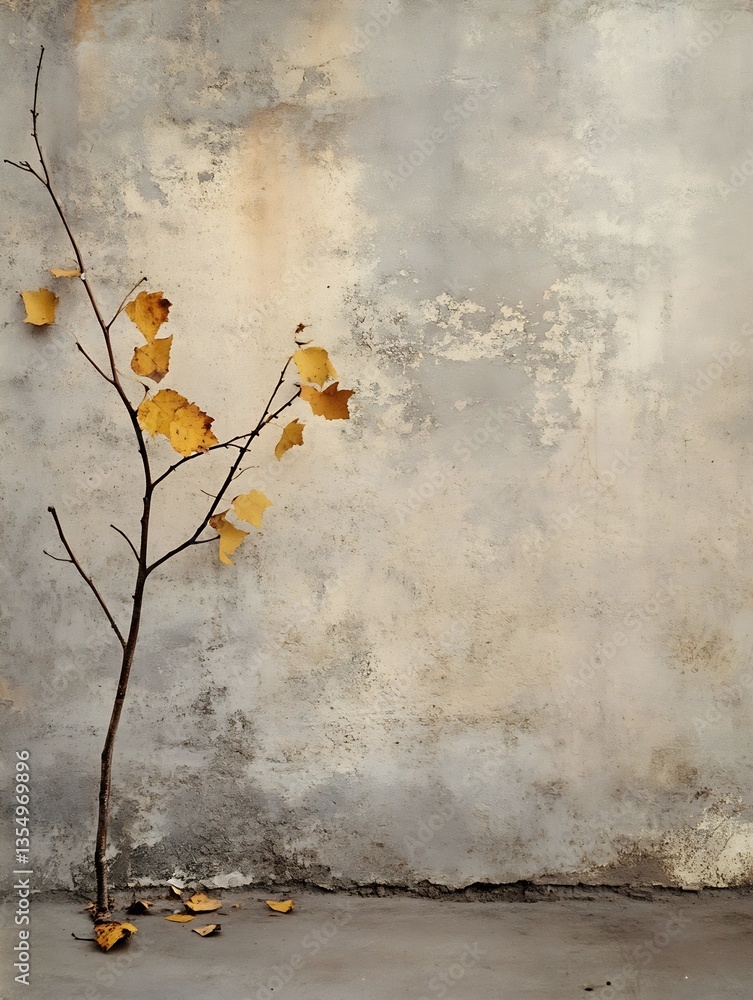 Poster Lonely branch with autumn leaves resting against worn textured wall creating a melancholic yet beautiful atmosphere : Generative AI
