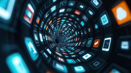 A digital spiral of app icons representing technology, communication, and connectivity in a visually striking, futuristic layout.