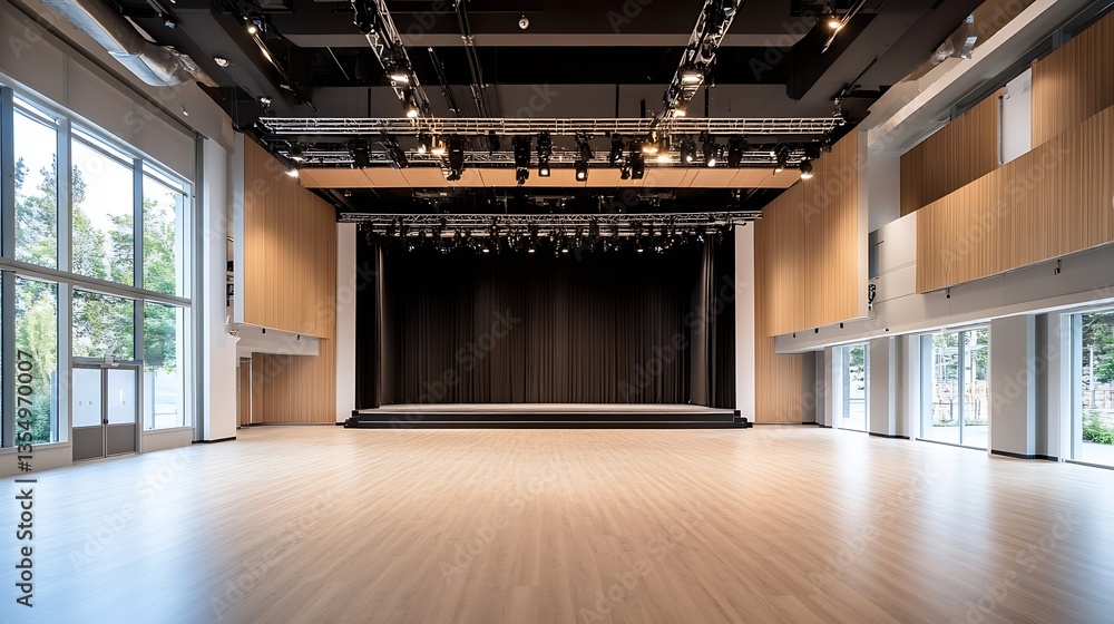 Poster spacious modern auditorium with wooden features and professional lighting ready for events and perfo