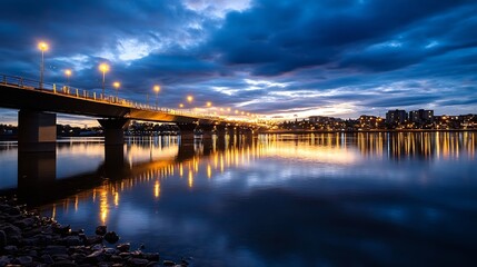 Obraz premium Dramatic Night View of a Bridge Reflecting City Lights on Calm Water : Generative AI