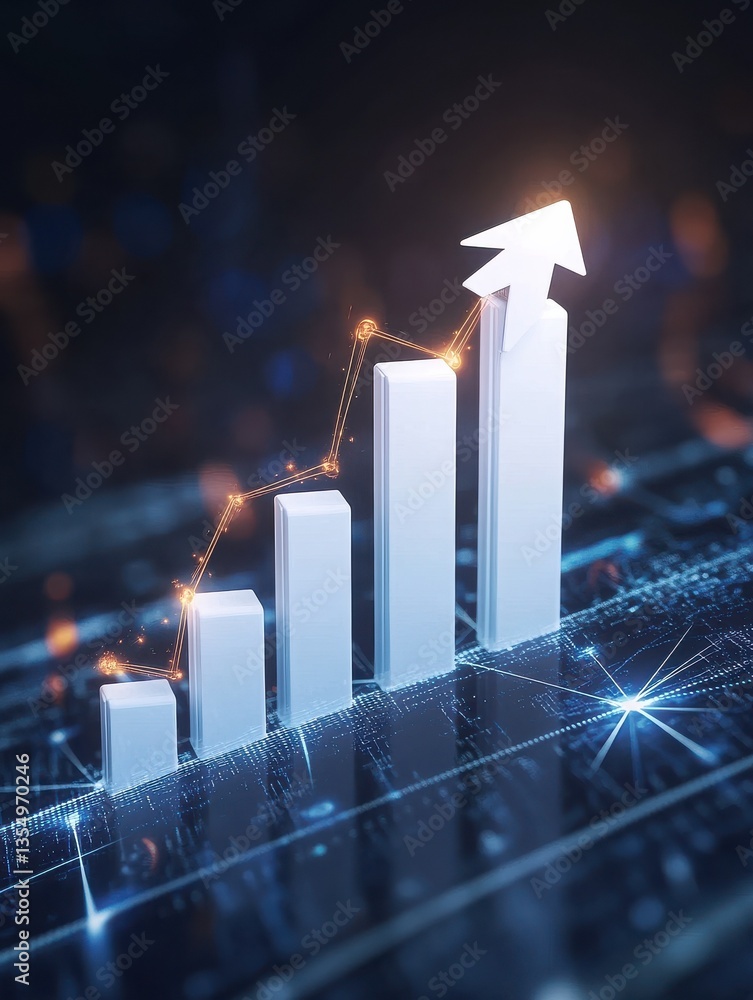 Poster a white 3d bar graph rising upward, an arrow pointing upward with glowing lines. surrounding the gra