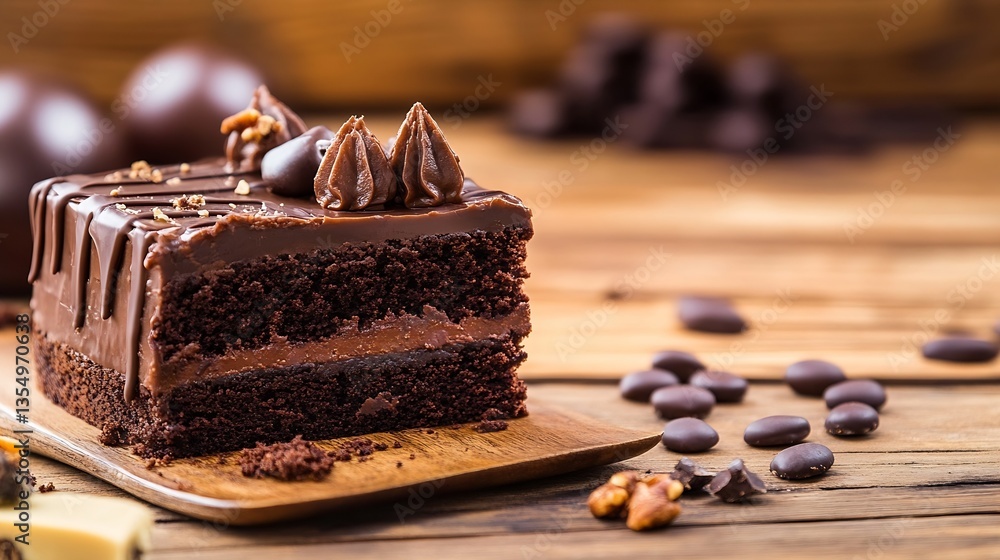 Poster decadent chocolate layer cake decorated with nuts on a wooden board with a rustic background : gener